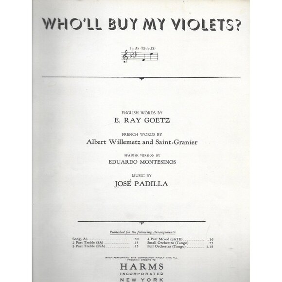 Harms, Inc. Other - Who'll Buy My Violets 1940 Sheet Music Jose Padilla La Violetera